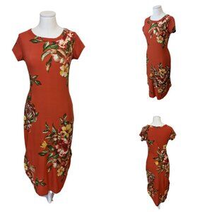 Cleo Red Floral T Shirt Dress Soft Summer Stretch Bodycon Cottage Size M
